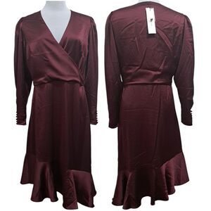 Calvin Klien Satin Puff Sleeve High Low Ruffled Hem Holiday Burgundy S 12 NWT